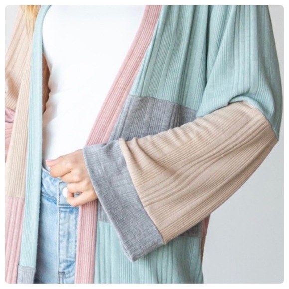 New Longline Color Block Open Style Cardigan With Bell Sleeves - Picture 7 of 8